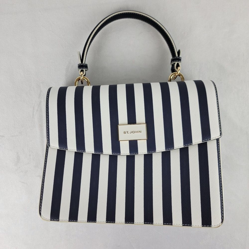 ST. JOHN Handbag Purse Navy White Stripe Leather Gold Nautical Designer Luxury